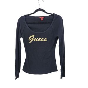 Y2K Guess Black Long-Sleeve Thermal Knit‎ Top Womens Sz M Gold Rhinestone Logo